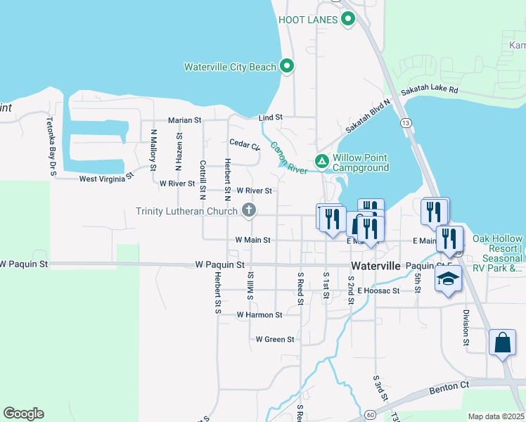 map of restaurants, bars, coffee shops, grocery stores, and more near 320 West Lake Street in Waterville