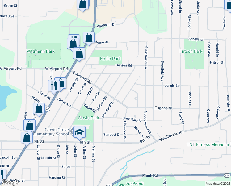map of restaurants, bars, coffee shops, grocery stores, and more near 1113 Woodland Drive in Menasha