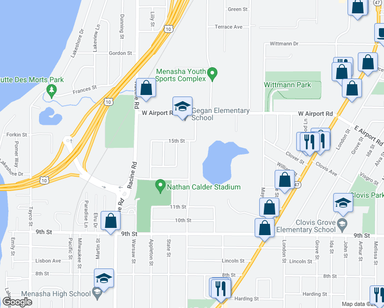 map of restaurants, bars, coffee shops, grocery stores, and more near 1229 Depere Street in Menasha