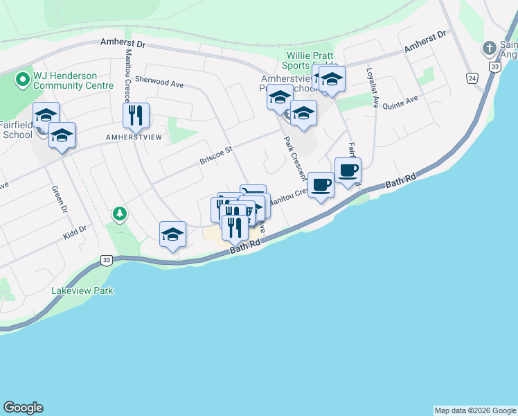 map of restaurants, bars, coffee shops, grocery stores, and more near in Lennox and Addington County