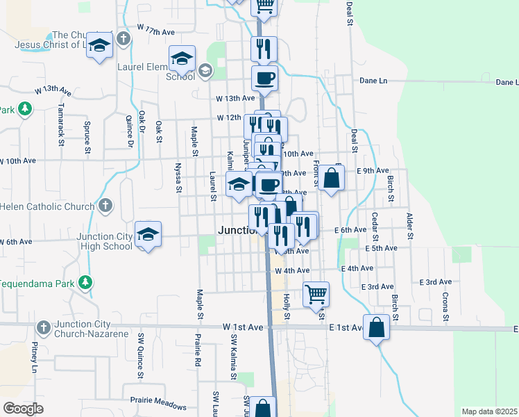 map of restaurants, bars, coffee shops, grocery stores, and more near in Junction City
