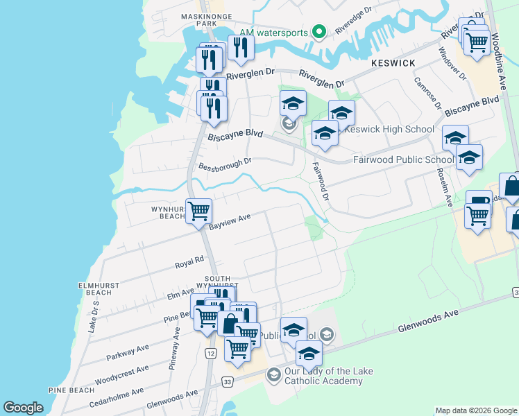 map of restaurants, bars, coffee shops, grocery stores, and more near 148 Bayview Avenue in Georgina