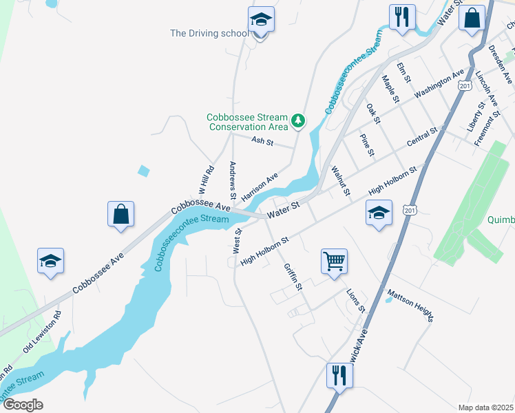 map of restaurants, bars, coffee shops, grocery stores, and more near 621 Water Street in Gardiner