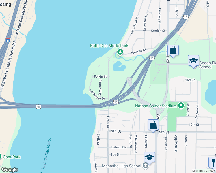 map of restaurants, bars, coffee shops, grocery stores, and more near 1108 Tayco Street in Menasha