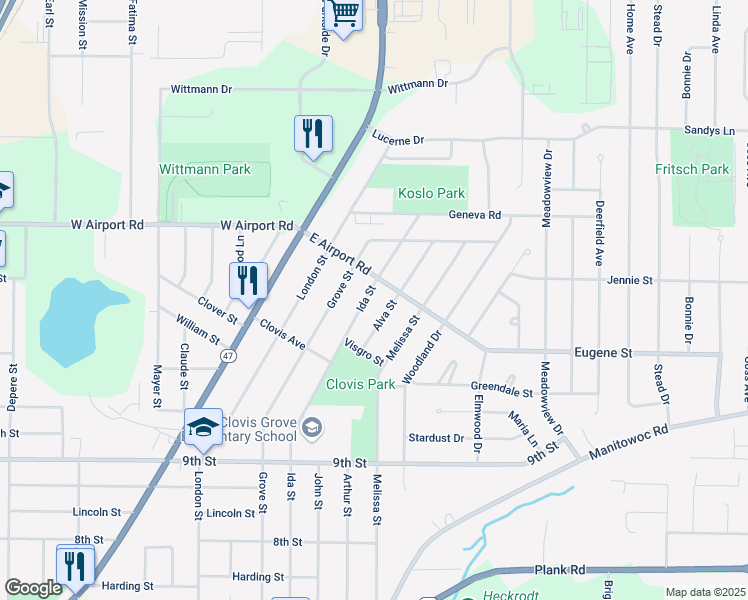 map of restaurants, bars, coffee shops, grocery stores, and more near 1032 Ida Street in Menasha