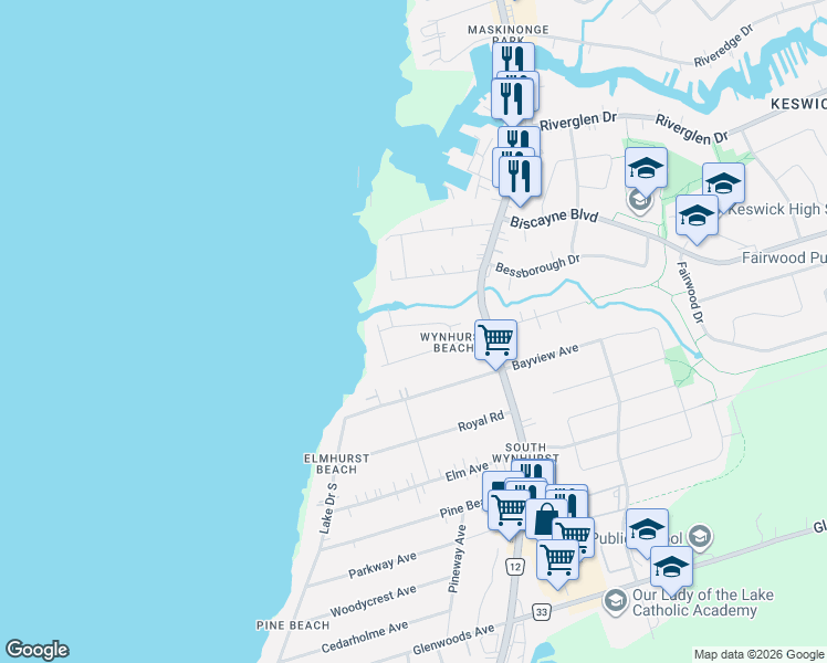 map of restaurants, bars, coffee shops, grocery stores, and more near 27 Waterbend Drive in Georgina