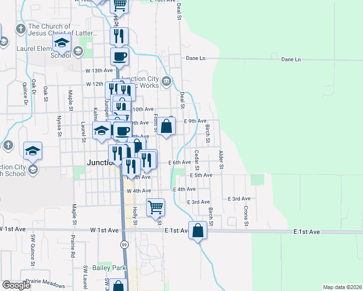map of restaurants, bars, coffee shops, grocery stores, and more near 720 Elm Street in Junction City