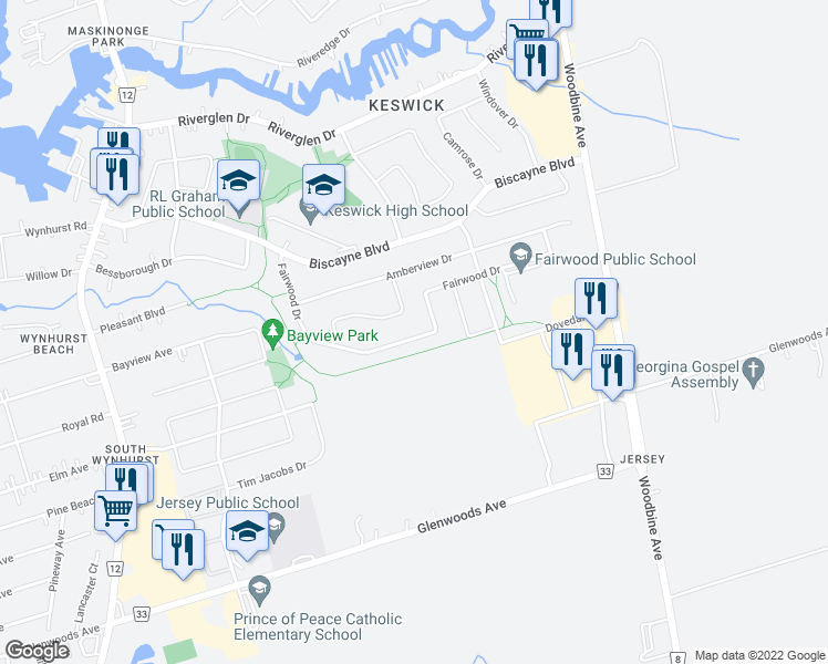 map of restaurants, bars, coffee shops, grocery stores, and more near 92 Fairwood Drive in Georgina