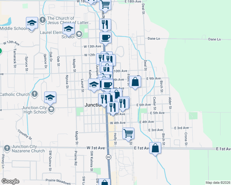 map of restaurants, bars, coffee shops, grocery stores, and more near 721 Holly Street in Junction City