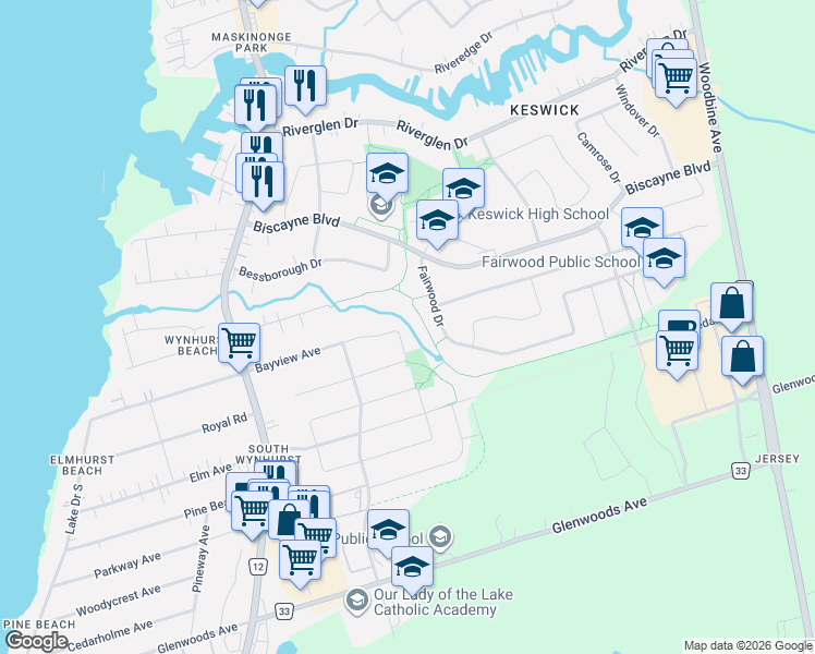 map of restaurants, bars, coffee shops, grocery stores, and more near 118 Bayview Avenue in Georgina