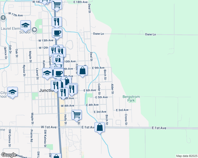 map of restaurants, bars, coffee shops, grocery stores, and more near 675 Cedar Street in Junction City