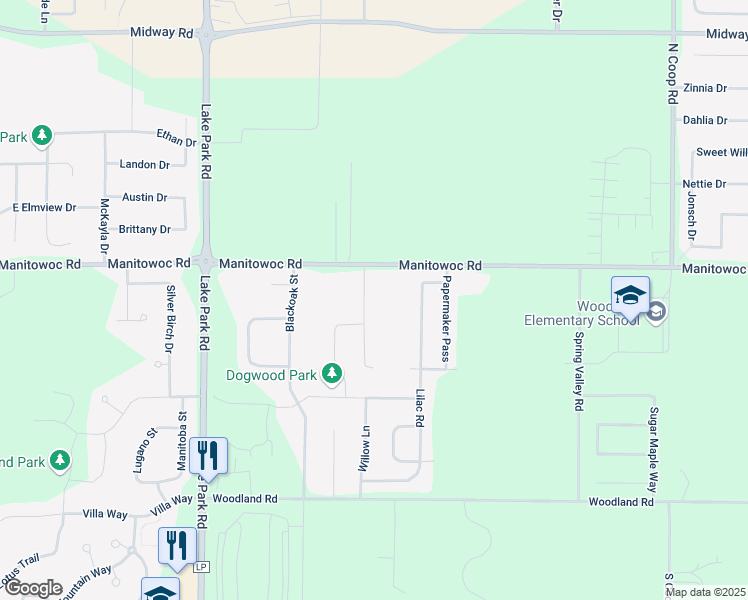 map of restaurants, bars, coffee shops, grocery stores, and more near W6345 Manitowoc Road in Menasha