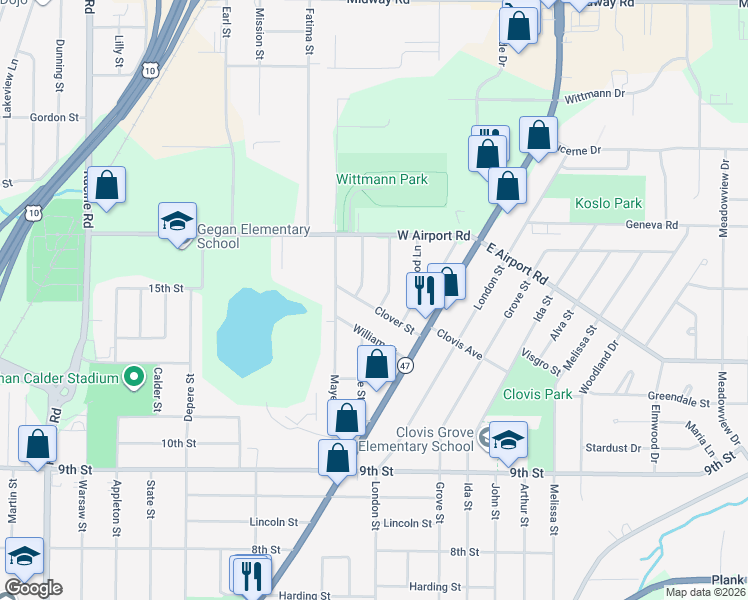 map of restaurants, bars, coffee shops, grocery stores, and more near 926 William Street in Menasha