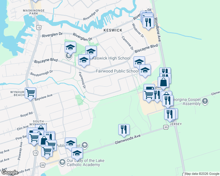 map of restaurants, bars, coffee shops, grocery stores, and more near 43 Rinaldo Road in Georgina