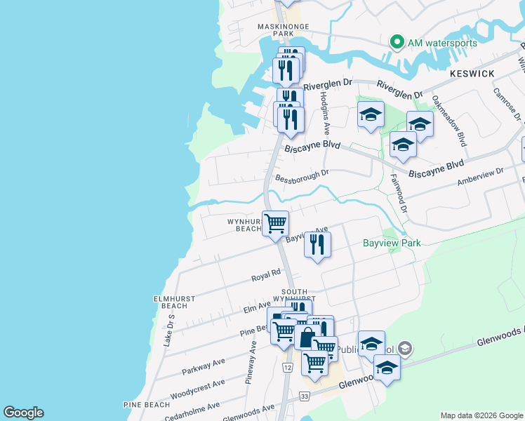 map of restaurants, bars, coffee shops, grocery stores, and more near 207 Pleasant Boulevard in Georgina