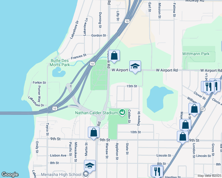 map of restaurants, bars, coffee shops, grocery stores, and more near 1121 Racine Road in Menasha
