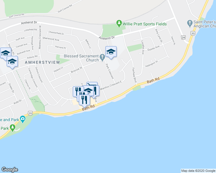 map of restaurants, bars, coffee shops, grocery stores, and more near 5 Manitou Crescent East in Lennox and Addington County