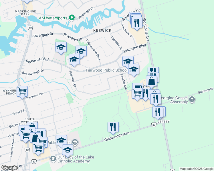map of restaurants, bars, coffee shops, grocery stores, and more near 116 Fairwood Drive in Georgina