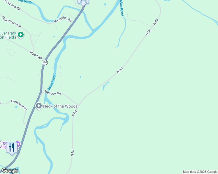 map of restaurants, bars, coffee shops, grocery stores, and more near 2483 North Road in Waitsfield