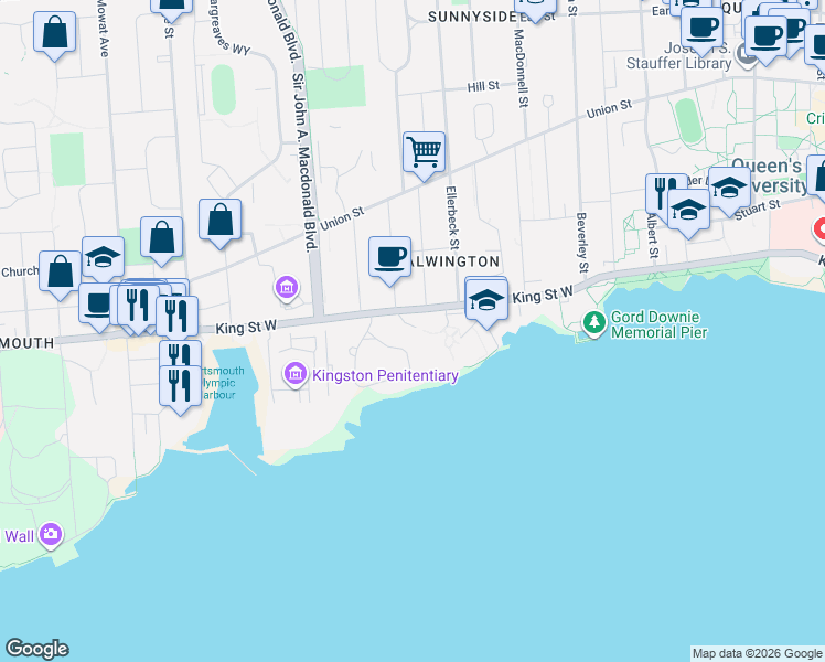 map of restaurants, bars, coffee shops, grocery stores, and more near 462 King Street West in Kingston