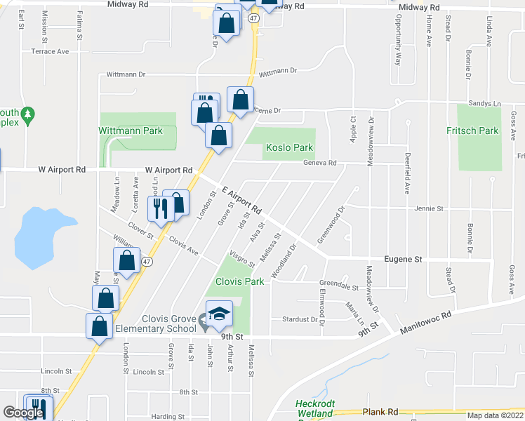 map of restaurants, bars, coffee shops, grocery stores, and more near 1012 East Airport Road in Menasha