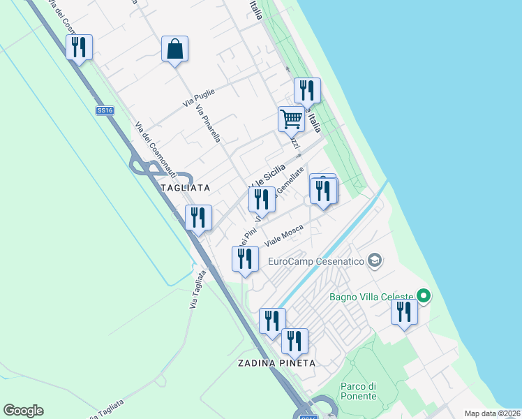 map of restaurants, bars, coffee shops, grocery stores, and more near 3841 Via Pinarella in Cervia