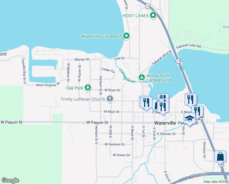 map of restaurants, bars, coffee shops, grocery stores, and more near 301 Buchannon Street North in Waterville