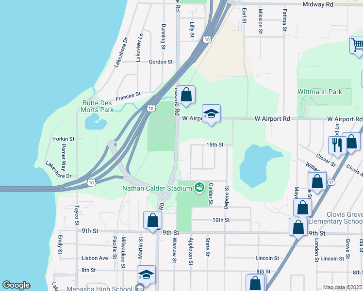 map of restaurants, bars, coffee shops, grocery stores, and more near 1155 Racine Road in Menasha