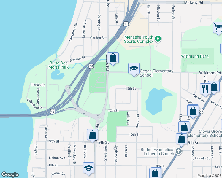 map of restaurants, bars, coffee shops, grocery stores, and more near 600 15th Street in Menasha