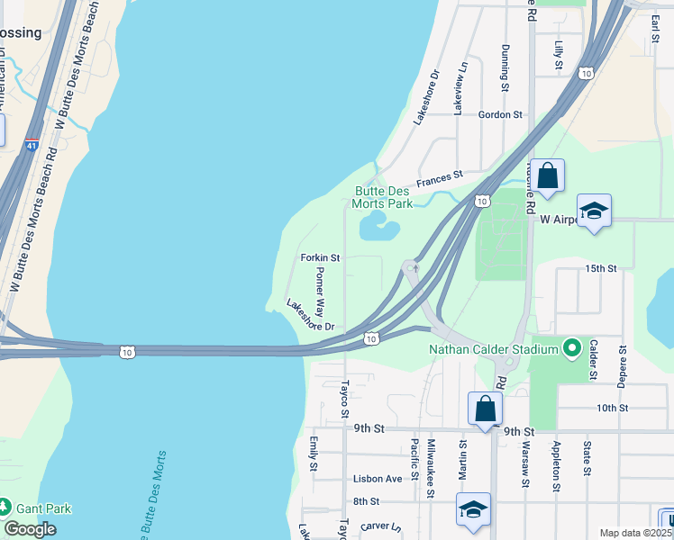map of restaurants, bars, coffee shops, grocery stores, and more near 290 Forkin Street in Menasha