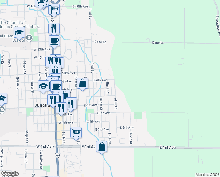 map of restaurants, bars, coffee shops, grocery stores, and more near 790 Birch Street in Junction City