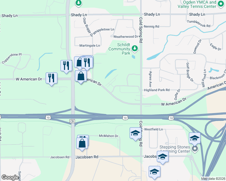 map of restaurants, bars, coffee shops, grocery stores, and more near 1251 Christopher Drive in Neenah