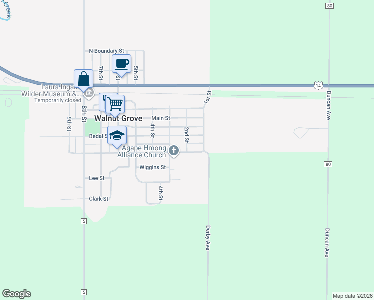 map of restaurants, bars, coffee shops, grocery stores, and more near 240 Washington Street in Walnut Grove