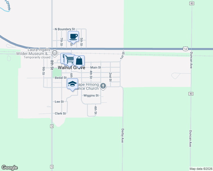map of restaurants, bars, coffee shops, grocery stores, and more near 240 Washington Street in Walnut Grove