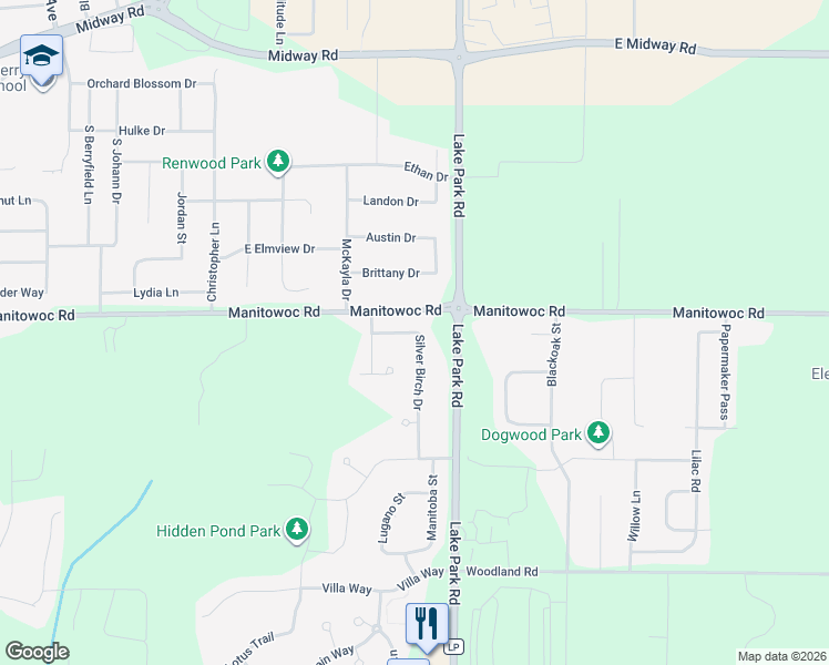 map of restaurants, bars, coffee shops, grocery stores, and more near 1169 Silver Birch Drive in Appleton