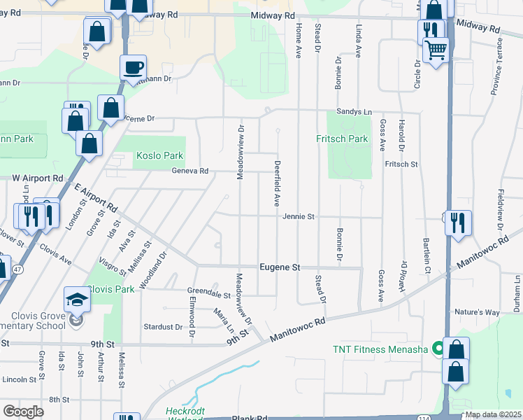 map of restaurants, bars, coffee shops, grocery stores, and more near 1201 Fieldcrest Drive in Menasha