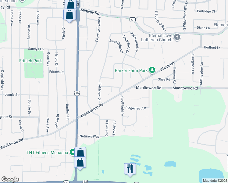 map of restaurants, bars, coffee shops, grocery stores, and more near 1166 Northfield Court in Menasha