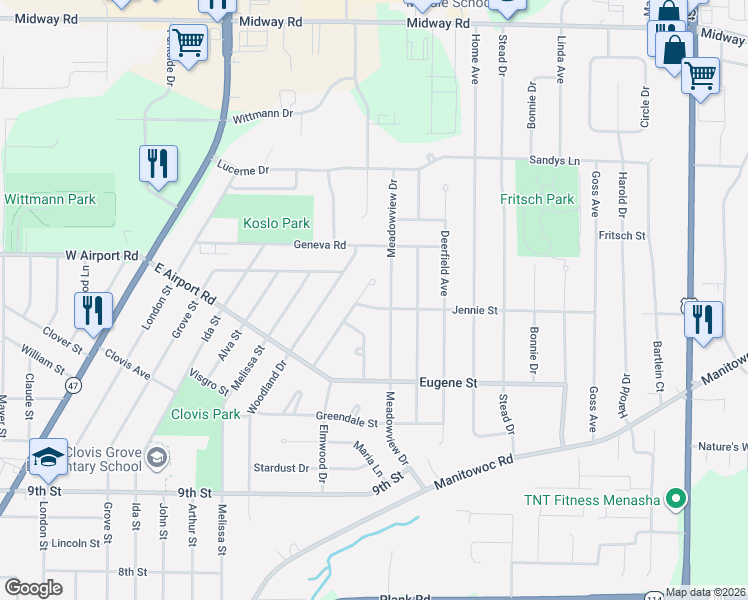 map of restaurants, bars, coffee shops, grocery stores, and more near 1204 Meadowview Drive in Menasha