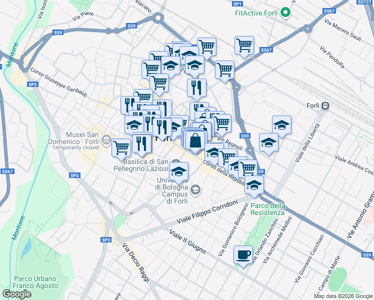 map of restaurants, bars, coffee shops, grocery stores, and more near in Forlì