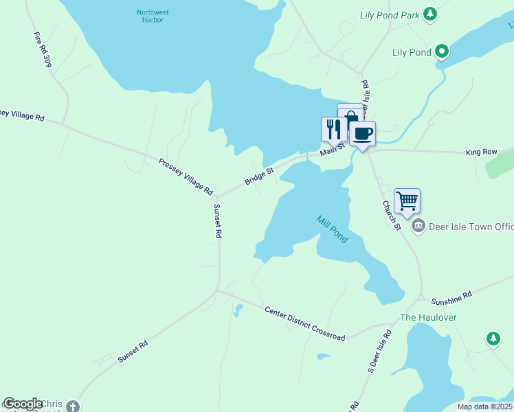 map of restaurants, bars, coffee shops, grocery stores, and more near Bridge Street in Deer Isle