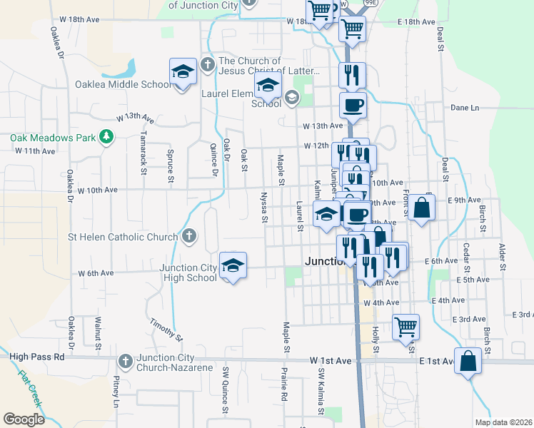 map of restaurants, bars, coffee shops, grocery stores, and more near 860 Nyssa Street in Junction City