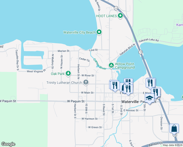 map of restaurants, bars, coffee shops, grocery stores, and more near 301 Buchannon Street North in Waterville