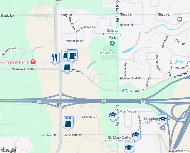 map of restaurants, bars, coffee shops, grocery stores, and more near 1271 Christopher Drive in Neenah