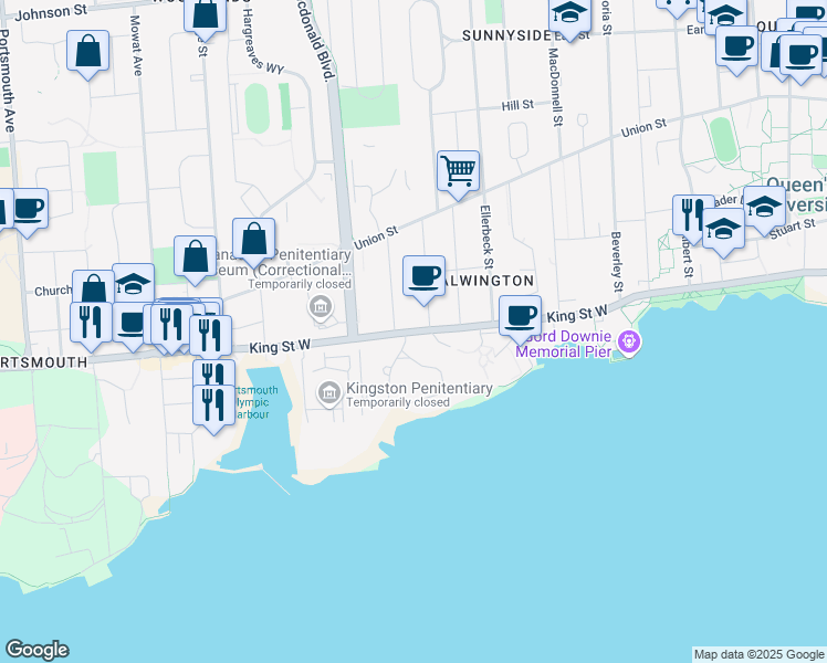 map of restaurants, bars, coffee shops, grocery stores, and more near 487 King Street West in Kingston