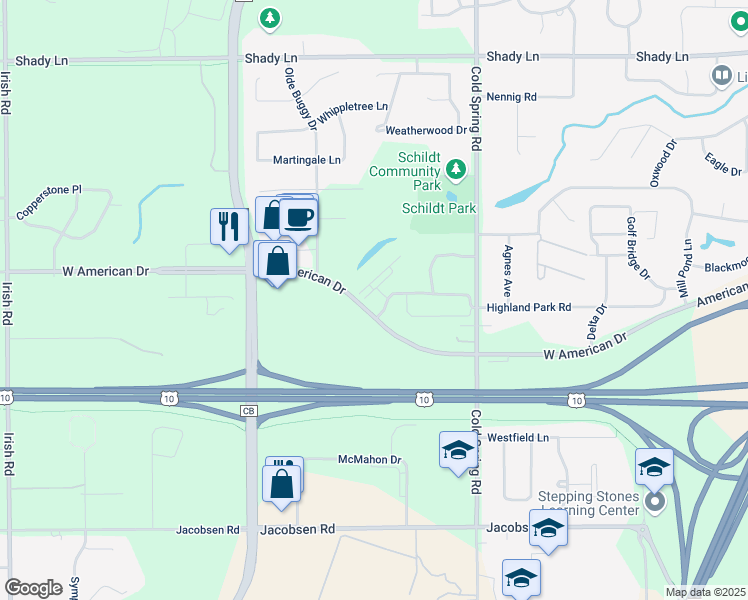 map of restaurants, bars, coffee shops, grocery stores, and more near 1251 Christopher Drive in Neenah