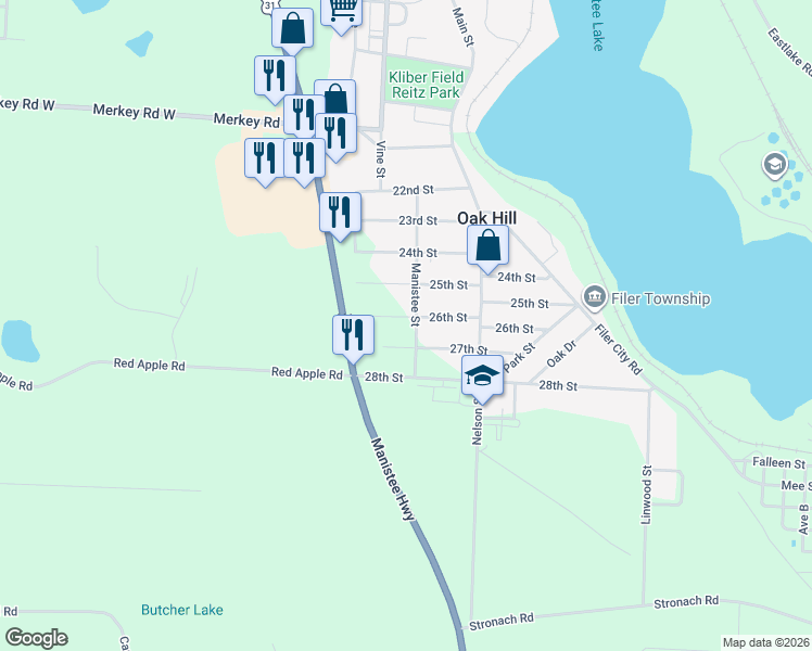 map of restaurants, bars, coffee shops, grocery stores, and more near 2600 Manistee Street in Manistee