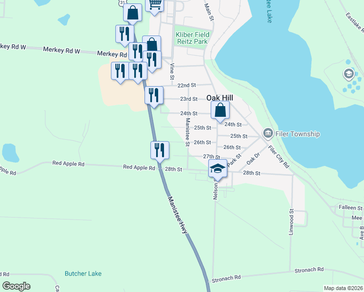 map of restaurants, bars, coffee shops, grocery stores, and more near 2600 Manistee Street in Manistee