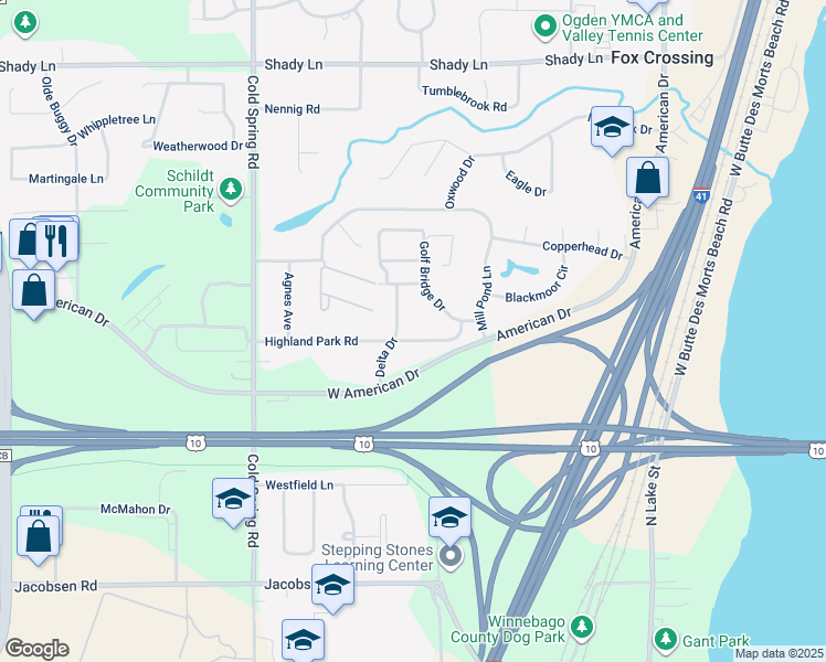 map of restaurants, bars, coffee shops, grocery stores, and more near 886 Highland Park Road in Neenah