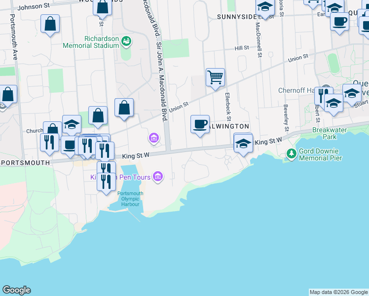 map of restaurants, bars, coffee shops, grocery stores, and more near 2 Alwington Avenue in Kingston