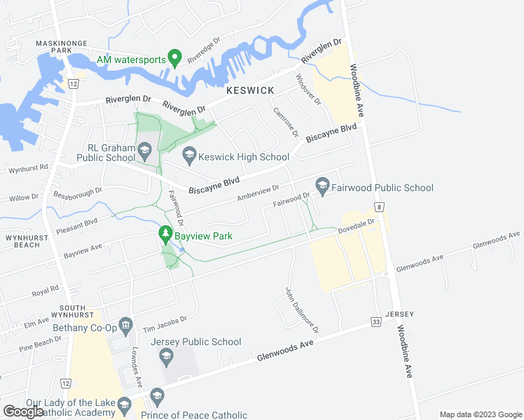 map of restaurants, bars, coffee shops, grocery stores, and more near Fairwood Drive in Georgina